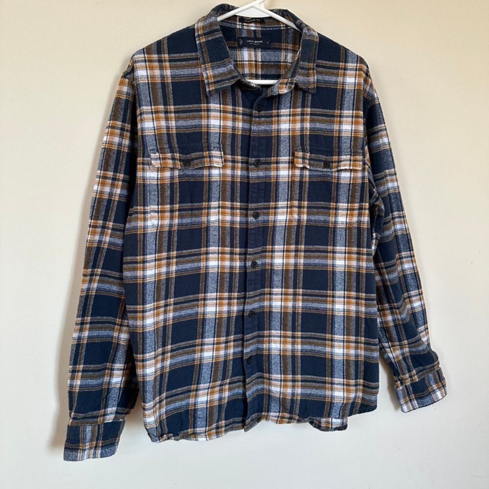 Lucky Brand Mens Large Classic Fit Plaid Flannel Shirt Blue Brown Button Up - Picture 4 of 13